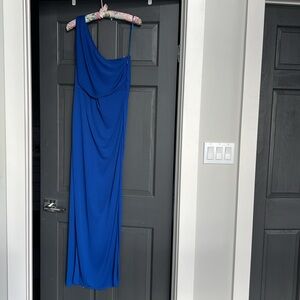 BCBG Maxazria blue one shoulder gown, size small